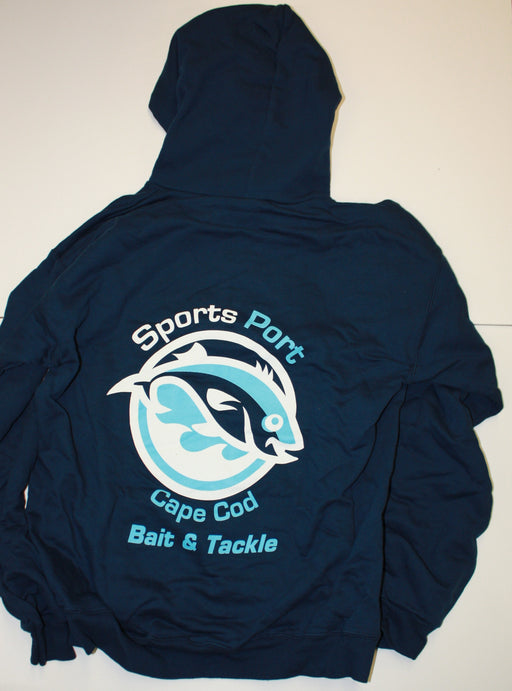 Back view of hooded sweatshirt. Large Sports Port Cape Cod Bait & Tackle logo.
