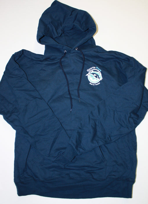 Front view of hooded sweatshirt. Sports Port Bait & Tackle logo on left chest